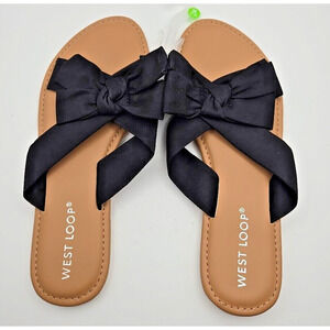 Women’s Sz Medium 7/8 Fabric Bow Open Toe Slides Flats Vegan Insoles Solid Black